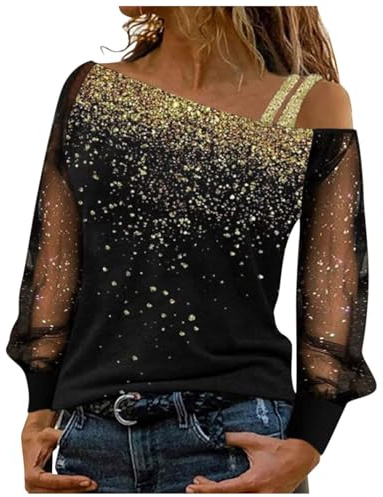DhogSuai Langarmshirt Damen Glitzer Oberteile Mesh Pailletten Longsleeve Netzoberteil Stern Rundhals Top Elegante Festlich Glitzertop Party Outfit
