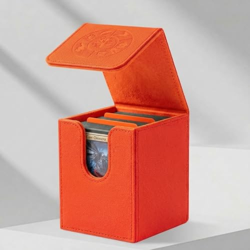 DeckDwell Card Deck Box for MTG, TCG, Fits 100+ Sleeved Cards, Orange | 2 Dividers, Holds 100 Sleeved Cards, Durable PU Leather, Magnetic Closure, Sturdy, portable