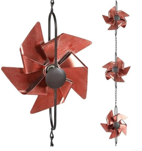 Oniissy 2,6 m Metall-Windmühlen-Regenkette für Regenrinne, Wasserumleitung, dekorative und funktionale Gartendekoration mit Windrad-Design