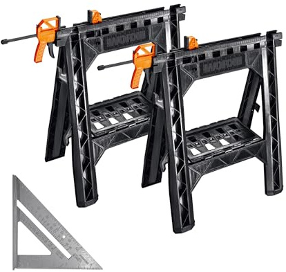 Worx WX065.3 Clamping Sawhorses with Bar Clamps and 7 Inch Metal Triangle Ruler