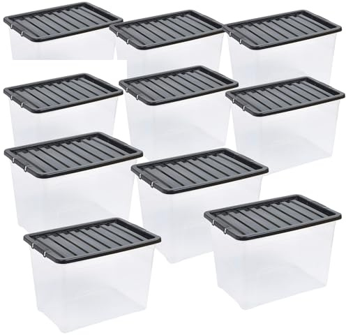 Easy Shopping® 10 x Extra Large 80L 80 Litres Clear Plastic Storage Box with Black Lid, Strong Stackable Storage Container Box Home, Office, Kitchen, Made In U.K.