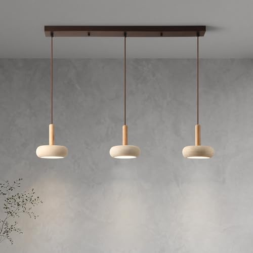 kaixunl Wabi Sabi 3 flammig LED Pendelleuchte Japanischer Lampe Gelbem Travertin Küchenlampe Holz Deckenlampe Höhe Verstellbar Esszimmerlampe Moderne Lampen für Wohnzimmer Esszimmer Küche Holzstab