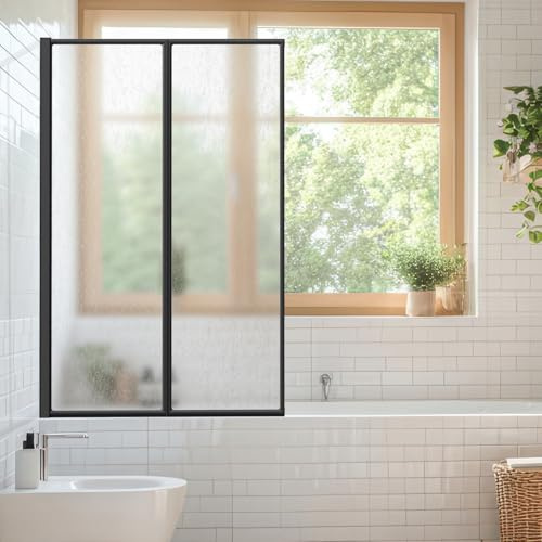Jaxguom Mampara de ducha para bañera de 100 x 140 cm, mampara de ducha de plástico, plegable, marco de aluminio negro, izquierda o derecha, con estructura de gota