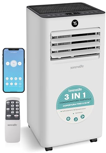 SereneLife Klimaanlage Mobil mit Abluftschlauch 7000BTU, WLAN- 3-in-1 Klimagerät für Heiße Sommertage mit Entfeuchter und Ventilator, Fensterkit, 24h Timer, Leise, für Räume bis 33m²