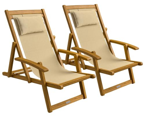 CASARIA Sonnenliege 2er-Set wetterfest, klappbar, inkl. Nackenkissen, beige | Akazienholz, verstellbare Rückenlehne, 160kg belastbar, inkl Armlehnen, mit Stoffbezug, platzsparend verstauen und Camping