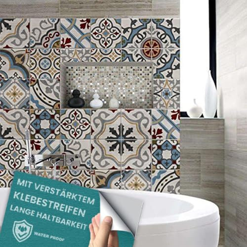 RE-COVERTILES - Autocollants Carrelage Salle de Bain et Cuisine 12 Pcs 15x15 cm - PS00171 Décoration murale en carrelage mosaïque PVC imperméable style carreaux de ciment Azulejos