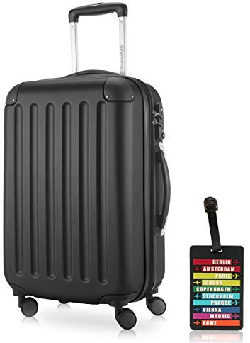 Hauptstadtkoffer - Spree - Kabinentrolley + Kofferanhänger, Handgepäck Hartschale mit Erweiterung, TSA, 4 Rollen, 55 cm, 42 Liter, Schwarz