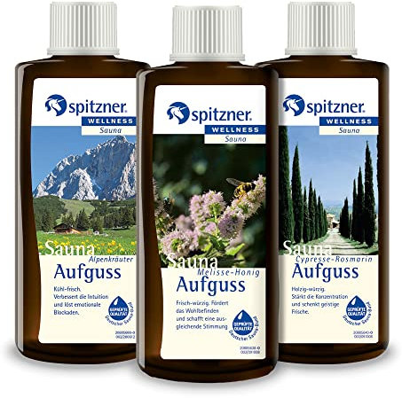 Set di essenza per sauna di Spitzner in confezione regalo, orto di erbe: erbe alpine, cipresso-rosmarino e melissa-miele (3x190ml)