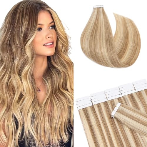 SEGO Tape in Extensions Echthaar Klebeband 20 Tressen 2.5g/pcs Adhesive Weft Haarverlängerung Haarteil 100% Remy Human Haar Glatt Weissbraun/Hellblond #12p613 61 cm (20 Stück)