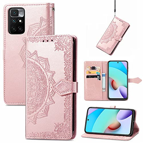 Fertuo Funda para Xiaomi Redmi 10 2022 / Redmi 10, Carcasa Libro con Tapa de Cuero Piel con Ranuras de Tarjeta, Soporte, Cierre Magnético [Mandala] Wallet Case Flip Cover para Redmi 10, Oro Rosa