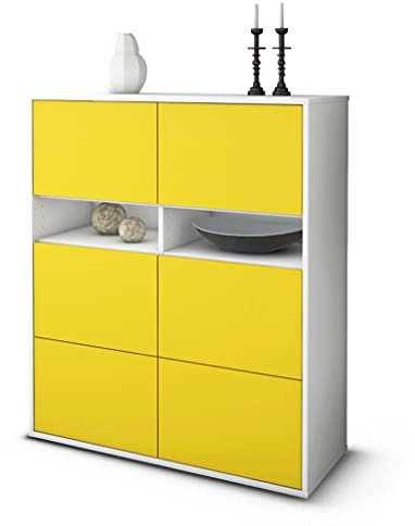 Stil.Zeit Highboard Jasmin, Korpus Weiss matt, Front Farb-Design Sonnengelb (92x108x35cm), Push-to-Open Technik & Leichtlaufschienen
