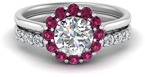 55Carat Bague Fleur avec Bande de Diamants Argent Sterling Saphir Rose créé Rond façonner Ensembles d'anneaux de Mariage réglage de la Broche Taille 53 Cadeau