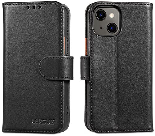 LENSUN Flip Case for iPhone 13 Mini, Genuine Leather Wallet Shockproof Phone Cover [RFID Blocking] with Card Holder and Magnetic Closure for Apple iPhone 13 Mini - Black