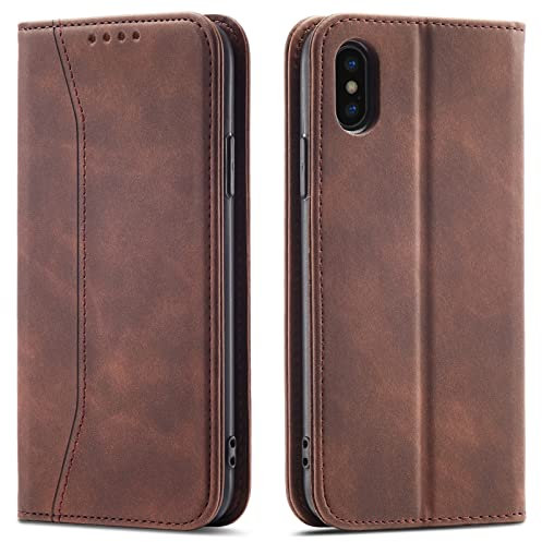 OKZone Kompatibel mit iPhone XS Max (6,5 Zoll) Hülle, Magnet Leder Tasche Handyhülle, Kartenfächer Schutzhülle, [Premium PU Leder] Flip Klappbare Stoßfeste Magnetische Standfunktion (Braun)
