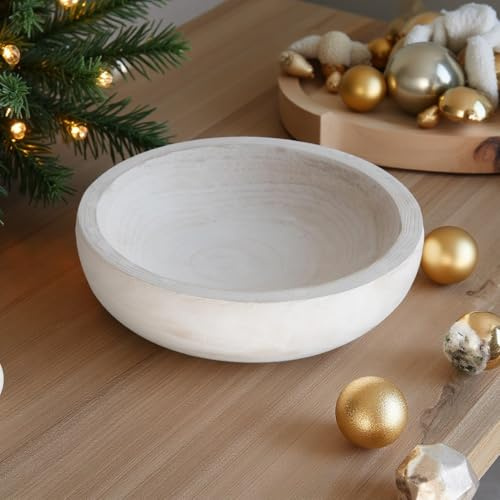 COLLECTIVE HOME - Paulownia Wood Hand Carved Tray, Fruit Snack Holder, Decorative Bowl, Rustic Home Decor Accessories for Coffee Table, Living Room, Wedding Centerpiece, 10 (Washed White)