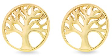 Tuscany Silver Pendientes de tuerca para mujer, plata de ley, chapados en oro amarillo, 8 mm, diseño de árbol de la vida, Plata de ley