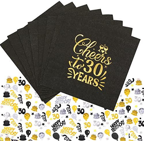 Servietten 30. Geburtstag, 20 Stück Servietten Geburtstag, Happy Birthday Servietten 33X33Cm, Cheers To 30 Years Papierservietten, Geburtstag Servietten Schwarz Gold, Tischdeko 30 Geburtstag