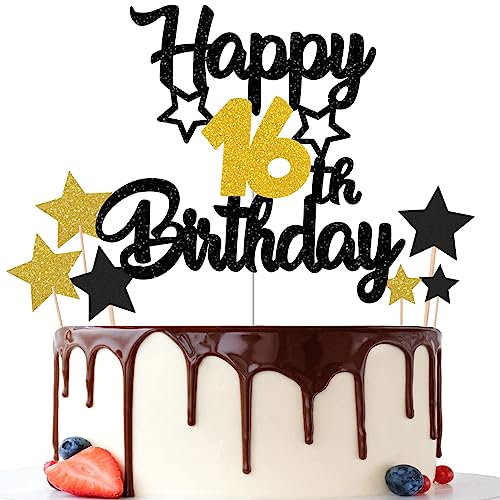 Gidobo 16th Birthday Cake Toppers, Black Gold Glittery Cake Decorations with Stars, Sixteen Years Old Birthday Party Supplies for Boys and Girls