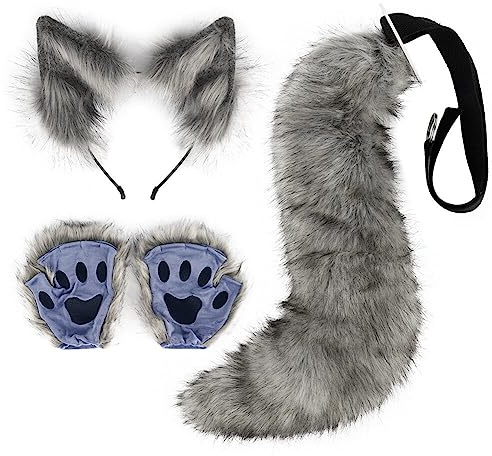 Kunstfell Katzenohren Stirnband flauschiger Wolf Fuchsschwanz Krallenhandschuhe Cosplay Kostüm Set Tierkostüm pelziger Schwanz und Pfoten Damen Kostüm für Halloween Karneval Rollenspiele Bühnenshow