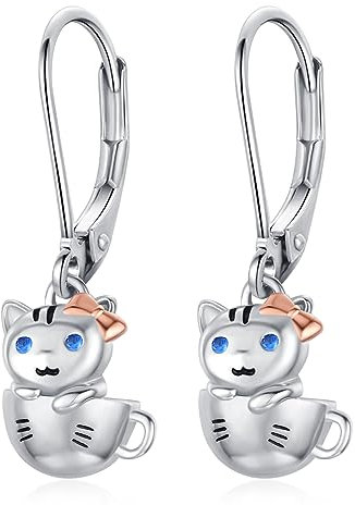 Cat Earrings 925 Sterling Silver Cute Funky Animal Drop Earrings Teacup Cat Jewellery Gifts for Women Girls Cat Lovers