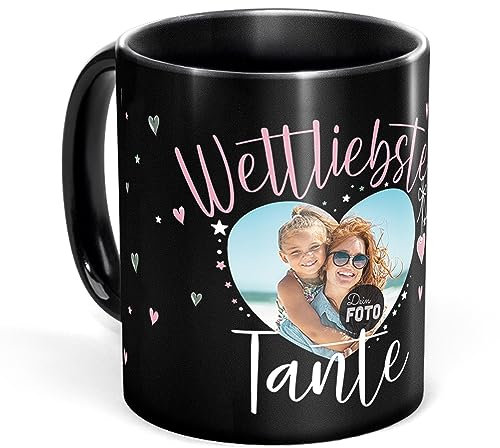 Tassendruck Schwarze Tasse mit Spruch für die weltliebste Tante - Tasse mit Foto selbst gestalten - Geschenk für Tante, Fotogeschenk Familie | Schwarze Fototasse, 300 ml