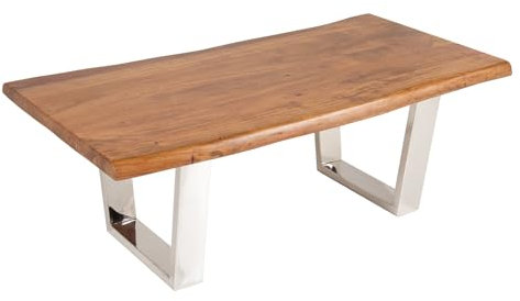 riess-ambiente.de Massivholz Couchtisch Mammut 110cm Akazie Honey Finish Kufengestell Baumkante 4cm Tischplatte