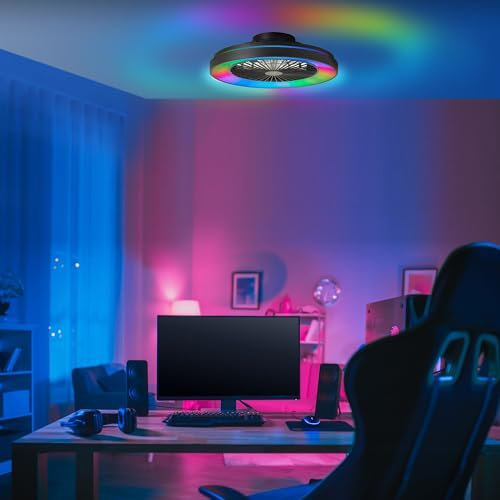 Lightbox moderne LED Deckenlampe mit Ventilator & Fernbedienung - 14 cm Höhe, Ø 49 cm - schwarze Deckenleuchte & RGB & CCT (3000-6500 K) & Nachtlicht - dimmbar - 40 W, 4700 lm - aus Kunststoff