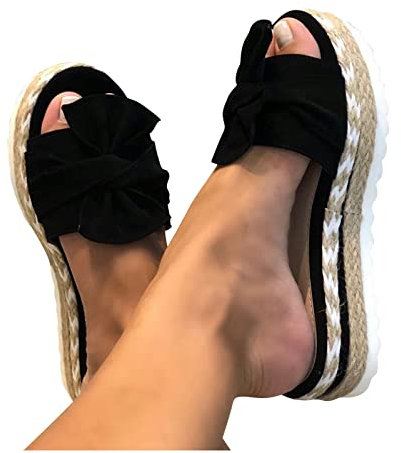 Sandali di Paglia Donna con Zeppa e Plateau Estivi Bohamia Ciabbate da Spiaggia Vacanze Sandali Punta Aperta con Fiocco Comodi e Traspirante Sandali in Corda di Canapa Spessa Suole