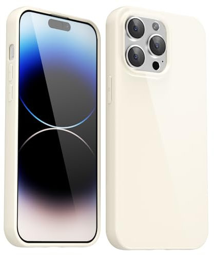 Svanove for iPhone 14 Pro Case Silicone, Glossy Soft Rubber Gel Jelly Cute Protective Plastic Simple Plain Phone Case Cover for Women Girl, Slim Thin Flexible Shockproof TPU, Beige Stone White