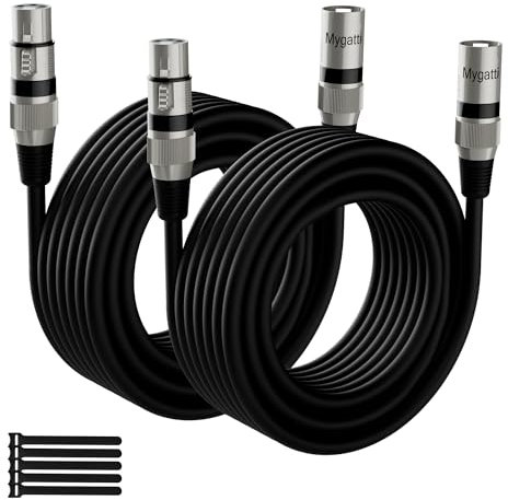 Mygatti Cavo per microfono XLR Bilanciato 5 M(2 Pezzi,nero),da maschio a femmina,schermatura a 3 pin,cavo patch DMX,con soppressione EMI e RFI,compatibile con amplificatore,altoparlante+5 fascette