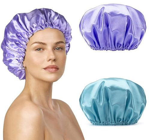 Reusable Shower Caps For Women 12.6 Inch Waterproof 2 Pack Large Shower Cap, Hair Caps Hair Care Double Layers Shower Cap For Women Hair Protection