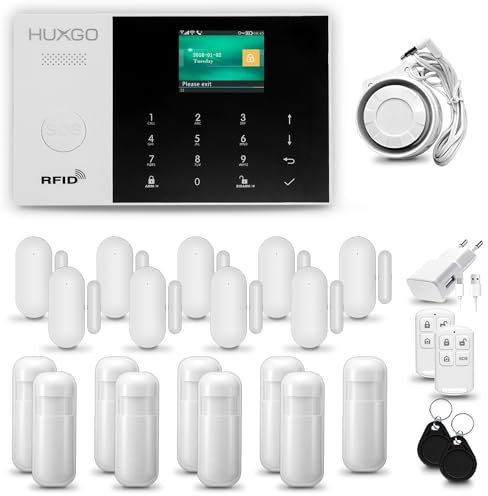 HUXGO® HXA005 Alarmanlage fürs Haus WiFi + GSM Set mit Sirene | Funk Alarmanlage Wohnung mit App. TUYA |Alarm System mit 9X Bewegungssensor, 9X Fensteralarm/Türsensoren | Smart Home