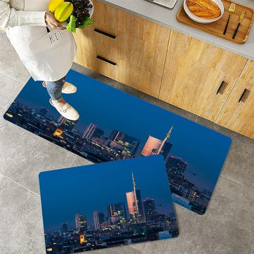 Küchenteppiche 2 Stück, Rutschfestes Küchenmatten,Mailänder Stadtbild bei Sonnenuntergang Porta Nuova Finanz- und G,Pflegeleicht, Anti-Müdigkeit Küchenteppich Teppich Läufer für Küche (45x70+45x120cm)