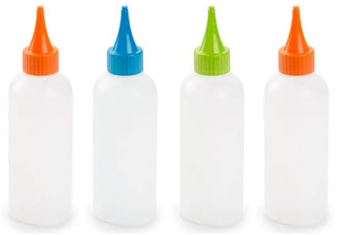 Acan Tradineur - Pack de 4 botellines de plástico rellenables para Servir Salsas, dispensador de aliño Reutilizable, Ketchup, Mostaza, Aceite, Fabricado en España - 175 ml