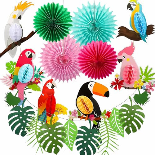 Dschungel Deko Hawaii Party Gartenparty Deko Sommer Deko Filz Kinderzimmer Deko Kindergeburtstag Sommerparty Girlande Palmenblätter Bunting Papagei Deko (6*Papageien + 4*Papierfächer + 1*Banner)