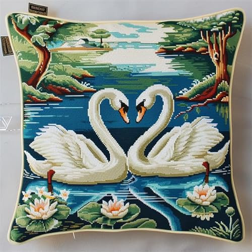 Knüpfen Set Erwachsene Vorgedruckt Schwan Knüpfset für Erwachsene (43X43cm) Knüpfen Handarbeit Set Kissen Bastelset Knüpfen Handwerksset Kissen DIY Bastelset für Anfänger für die Sofa-Heimdekor