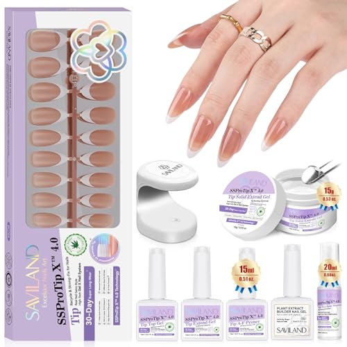 SAVILAND Press On Nails Almond: 4-In-1 French Tip Press On Nails Full Cover 90 Pcs 15 Sizes Press On Nails Almond Medium Strong Nail Glue for Press Ons U V Light Remover A-F Primer French Tip Tool