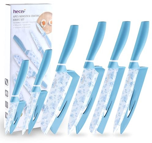 hecef Cuchillos Cocina Profesional, 6 Piezas Juego de Cuchillos de Cocina, Hoja de Acero Inoxidable Recubierto único Celadon, 6 Fundas para Cuchillos