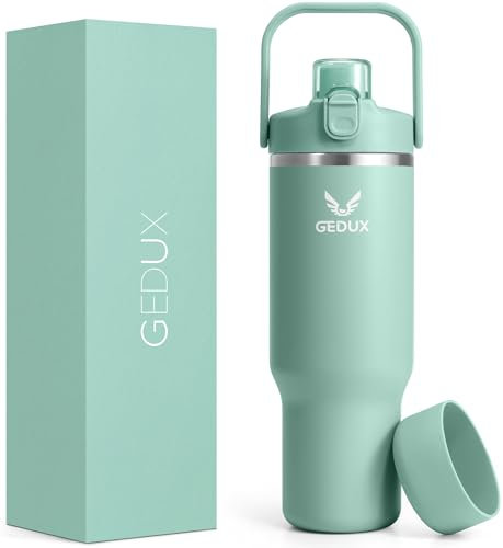 GEDUX 1000ml Edelstahl Tumbler mit Griff und Strohhalm, Vakuumisolierte Wasserflasche mit 2-in-1 Deckel (Schluckdeckel/Straw Deckel) und Silikonboden