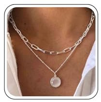 Aneneiceera Vintage Geschichtet Mondstein Halskette Silber Opal Stein Anhänger Halskette Büroklammer Kette Halskette Runden Edelstein Halskette Kette Schmuck Für Frauen