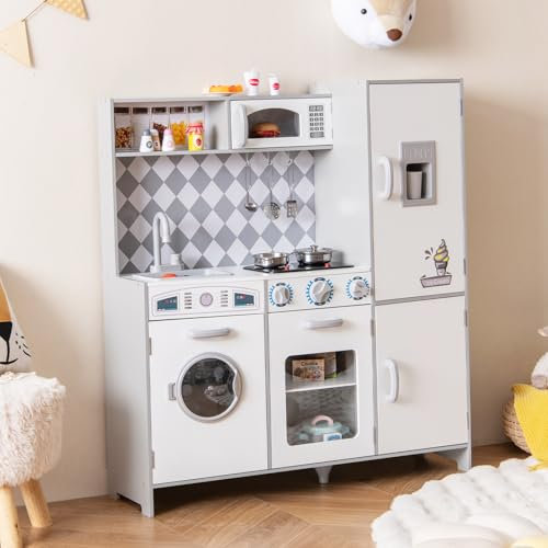 RELAX4LIFE Cucina Giocattolo per Bambini in Legno, Set da Cucina con Microonde, Fornello, Lavatrice, Pentole e Utensili, Effetti Luminosi e Sonori, 91 x 30 x 102 cm