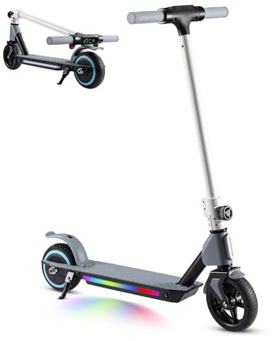 scoot4kids Patinete Eléctrico Niño 130W Plegable y Ligero, Velocidad Máxima de 15 km/h, 3 Modos de Velocidad, Pantalla LED y Luces Coloridas, Cumpleaños y Navidad (Gris)