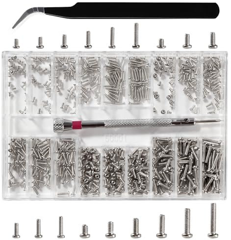 Lyeteung 500 Pièces 18 Tailles M1.2/M1.4/M2 Kit de Vis de Réparation Minuscule, Micro Vis de Réparation, Micro Visserie, avec Tournevis et Pince à Épiler, pour Lunettes, Ordinateur, Montres, Argent