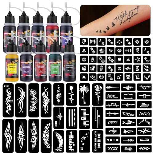 STIGMA Temporary Tattoo Kit Realistic Fake Tattoo for Kids and Adults 10 bottles of 0.5 oz Long Lasting Temporary Tattoo Ink and 84 Tattoo Stencils ZYH2312333KIT