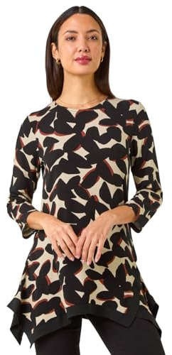 Roman Originals Women Asymmetric Top Ladies Hanky Hem Blouse Stretchy Tunic Occasion Smart Casual Summer Sprint Winter Autumn Cocktail Party Evening 3/4 Short Sleeve - Noir Beige - Size 18