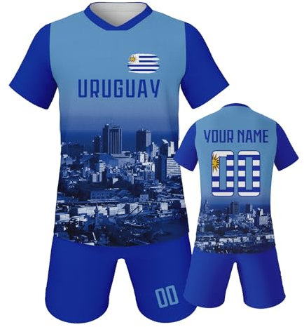 Uruguay Fußball Trikot für Kinder Von 3–14 Jahren, Personalisiert Fussball Trikot Jungen und Mädchen Mit Eigenem Namen Nummer, Fußball T Shirt Shorts Set Trainingstrikots