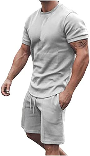 UHouse Sommer Outfit Herren T-Shirt Und Shorts Set 2 Teiliges Kurze Trainingsanzug Männer Jogginganzüge Kurz Leichte Sportanzug Kurzarm Baumwolle Jogging Anzug Freizeit Activewear Grau XL