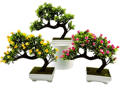 Künstliche Pflanzen Bonsai 3er Set – 23 cm hoch mit bunten Blüten & weißem Topf – Kunstpflanzen wie echt – Deko für Wohnzimmer, Büro, Regal