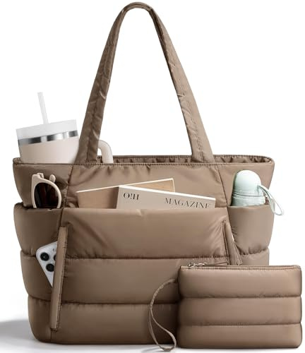 Bagstellar Puffer Tote Bag for Women, Lightweight Puffy Work Handbag Teacher Nurse Quilted Shoulder Bag for School Travel Gym