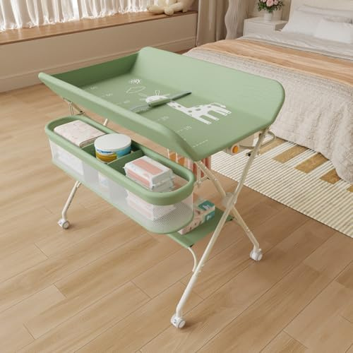OHMG klappbare Wickelkommode Wickeltisch, Baby Wickelkombi, mit Wickelauflage Sicherheitsgurt und Ablagefächern, platzsparend stabil,mobiler wickeltisch,Baby Changing Table (A-Grün)